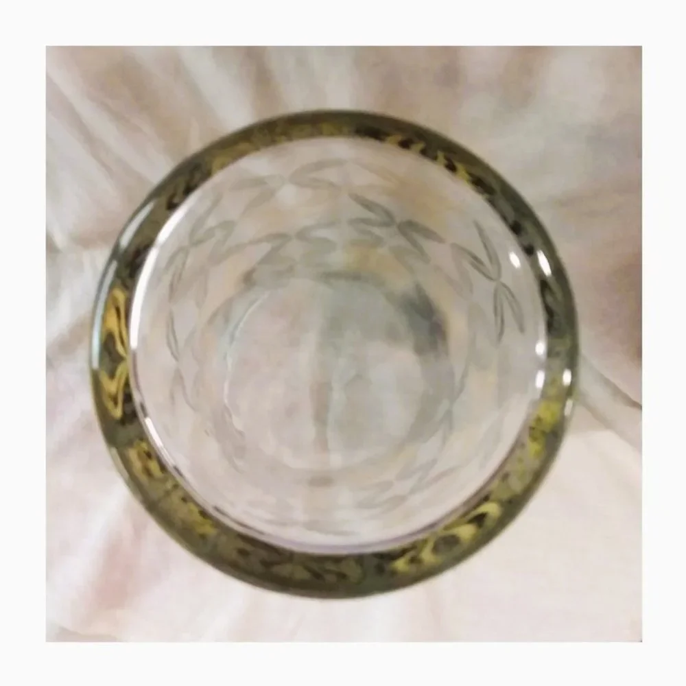 Retro Glass Vase Black Gold Gray Geometric Design Clear 7.25